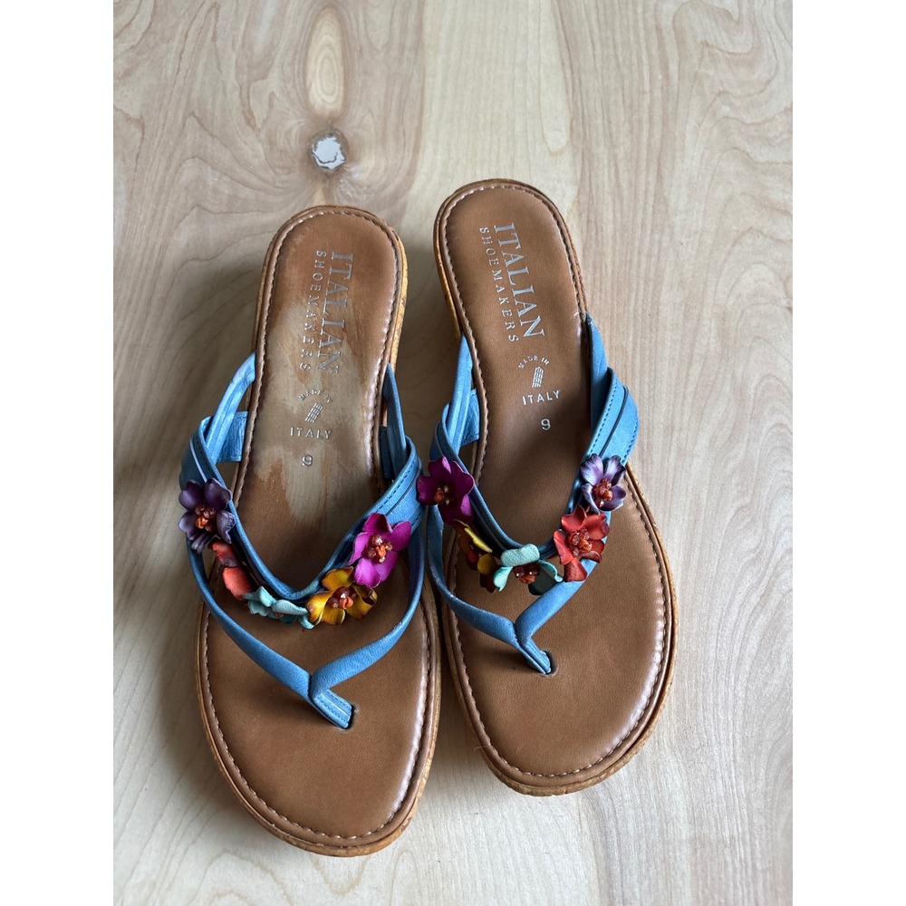 Italian Shoemakers Wedge Sandals Size9 Blue Floral Boho Y2K Cork Heel Made Italy